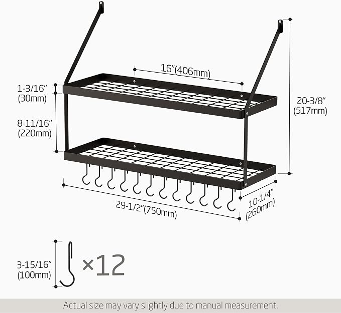 KES 2-Tier Wall Pot Rack, 30-Inch, 100 Lbs Load, Heavy-Duty, Matte Black | 12 Removable S-Hooks, Cast Iron Pots and Pans Organizer, 16-Inch Stud Spacing, Kitchen & Dining Storage - Image 6