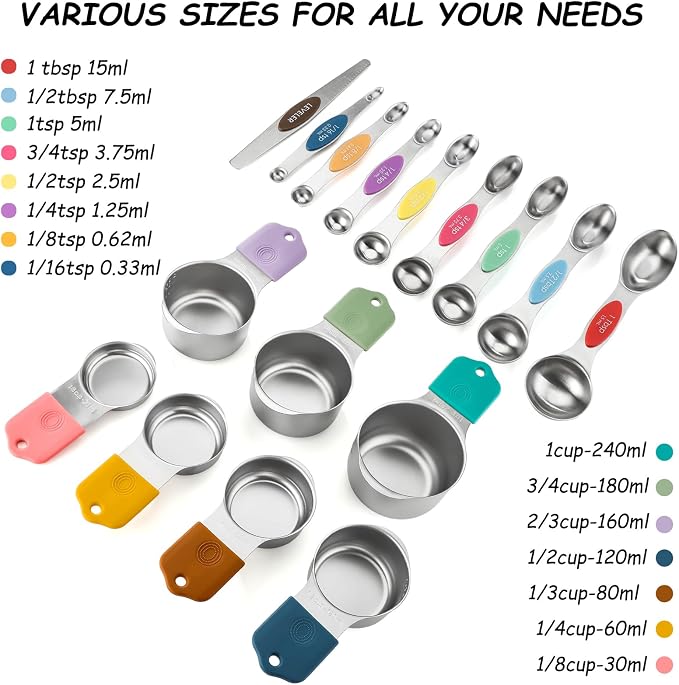 Magnetic Measuring Cups and Magnetic Measuring Spoons Set Stainless Steel | Including 7 Stackable Measuring Cup 8 Dual Sided Measuring Spoon with Leveler for Measuring Dry Liquid Ingredient - Image 4