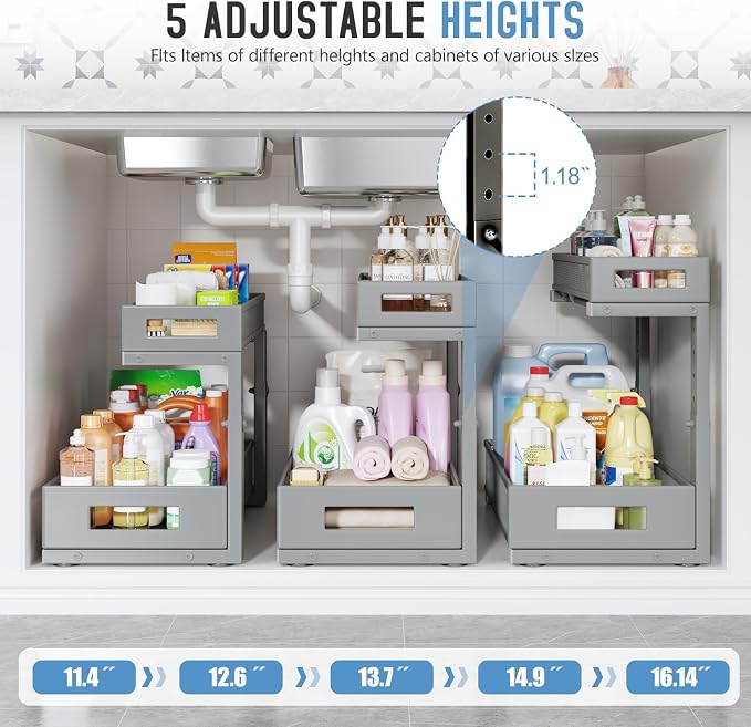 1 Pack 17IN Depth Under Sink Storage Organizer, Large 2-Tier Elegant Mesh Pull Out Shelf for Kitchen and Bathroom Cabinet Organization, L-Shaped and Adjustable Height Design-Gun Gray - Image 4