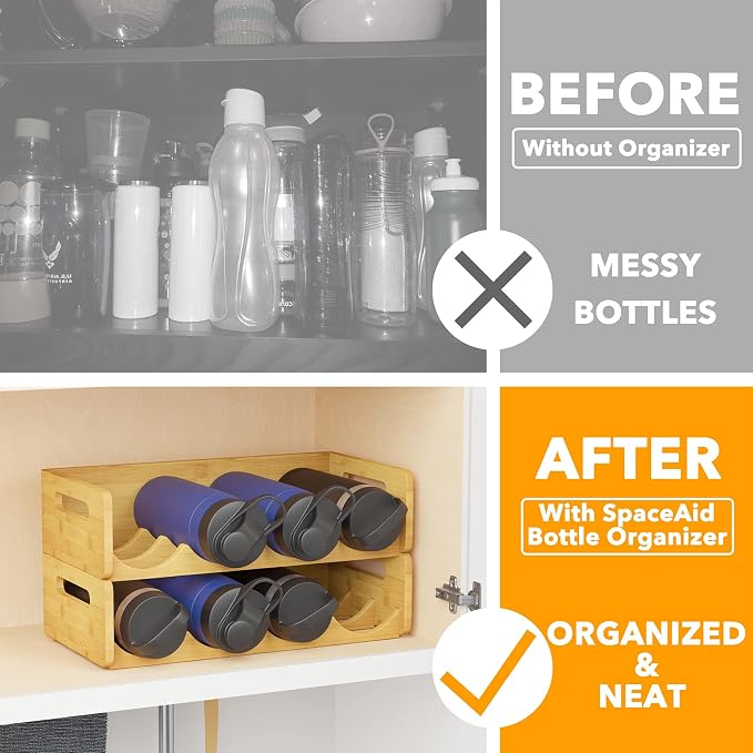 SpaceAid Bamboo Water Bottle Organizer with Labels, Kitchen Pantry Water Bottle Storage Rack for Cabinets, Home Cup and Wine Bottle Holder Shelf Organizers, 2 Pack 4-Slot, Hold 8 Bottles - Image 2