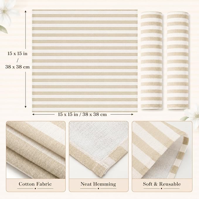 Funnymoom 12 Pcs Farmhouse Beige White Striped Cloth Napkins Reusable Napkins Party Dinner Soft Absorbent for Home Table Decoration Holiday Party Kitchen Supplies - Image 3