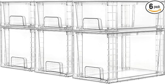Vtopmart 6 Pack Clear Stackable Storage Drawers,Easy to Assemble Bathroom Organizers and Storage with handles,Plastic Drawers for Kitchen Pantry,Cabinet,Under Sink Organization by Vtopmart