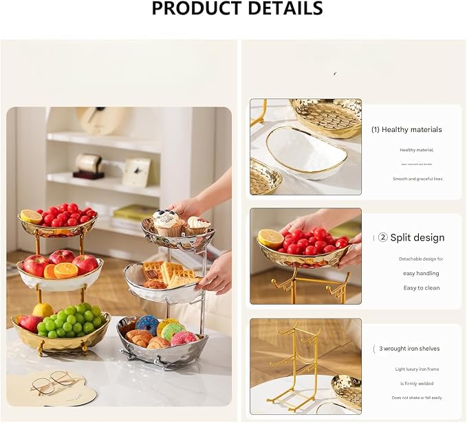 XUDREZ 3 Tier Fruit Bowl with Metal Stand for Kitchen Counter, Ceramic White Gold Silver, Tiered Fruit Basket for Nuts, Snacks, Bread, Candy Storage (Gold) - Image 6