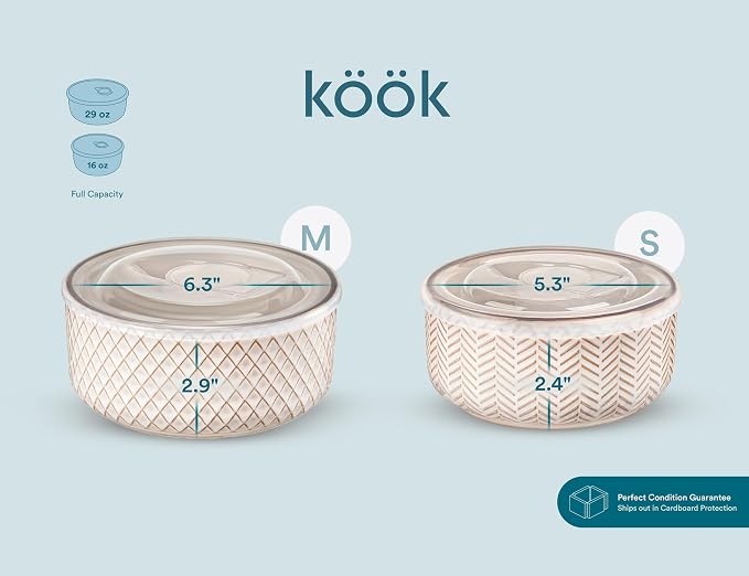 KooK Serving Bowls, with Lids, Ceramic Nesting Bowls, Set of 4, Embossed, Kitchen, Prep, Stackable, Gift, Microwave and Dishwasher Safe, 16/29/47/70 oz, Narbonne Collection (Ivory) - Image 9