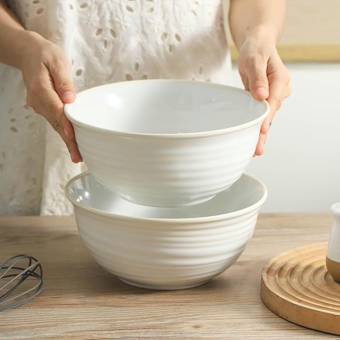 HASENSE Ceramic Serving Bowls, 8.3 Inch Large Soup Bowls for Kitchen, 60 Ounces Salad Bowls for Fruit, Ramen, Pasta, Pho, Microwave Dishwasher Safe, Set of 2, Clay-Infused White - Image 5
