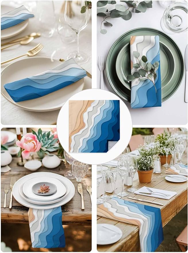 Blue White Sea Waves Cloth Napkins Washable Set of 4, 20 x 20 Inch Reusable Coastal Ombre Abstract Beach Ocean Stripes Dinner Table Napkins Cloth Bulk for Wedding Kitchen Restaurant Hotel Event Party - Image 4