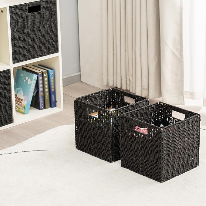 Handwoven Paper Woven Cube Basket Organizer with Handles set of 4 Foldable Storage baskets for Bedroom Living Room Cubby Storage Units for Clothes Books Toys (Black, 13" L x 13" W x 13" H) - Image 6