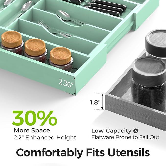 Bamboo Kitchen Drawer Organizer, Expandable Silverware Organizer with Removable Knife Block, 6-8 Slots- Utensil Holder & Cutlery Tray Drawer Dividers, 2.36" Deep for Extra Capacity, Cyan - Image 4