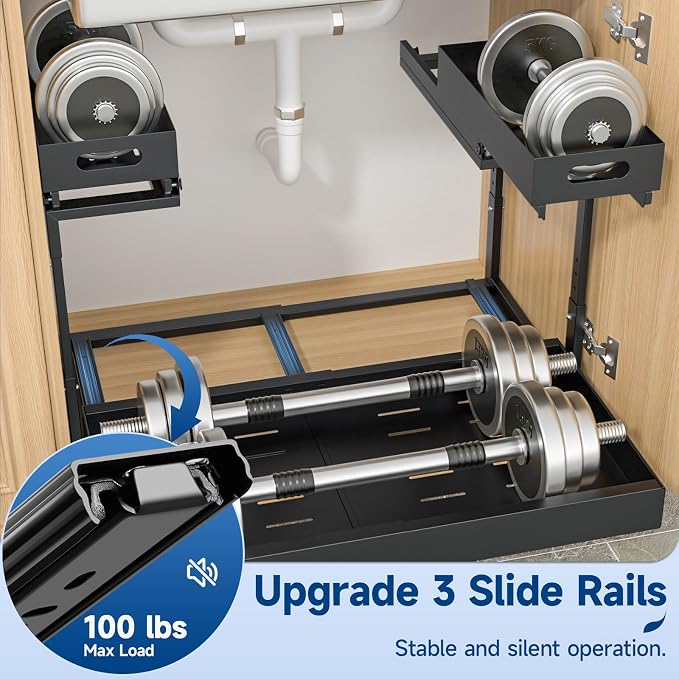 Insputer Upgrade Expandable Under Sink Organizer, 2 Tier Metal Under Cabinet Storage with 3 Slide Rails, Height Adjustable, Thickened Pull Out Drawer Shelf for Bathroom, Kitchen, Laundry, Pantry - Image 5