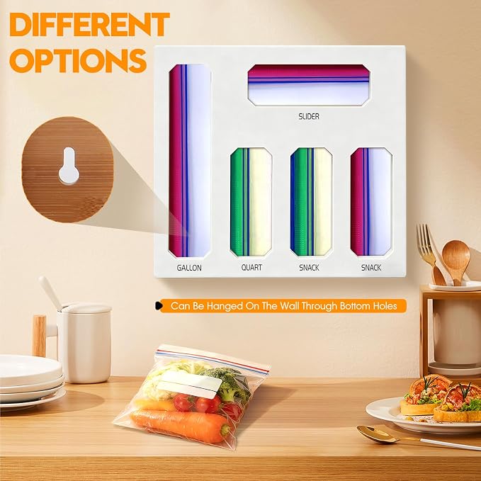 Bamboo Ziplock Bag Storage Organizer for Drawer -White, 5 in 1 Baggie Organizer with 24 Labels - Fits Gallon, Quart, Sandwich & Snack Bags - Wall Mountable Kitchen Drawer Organizer, 3in - Image 5