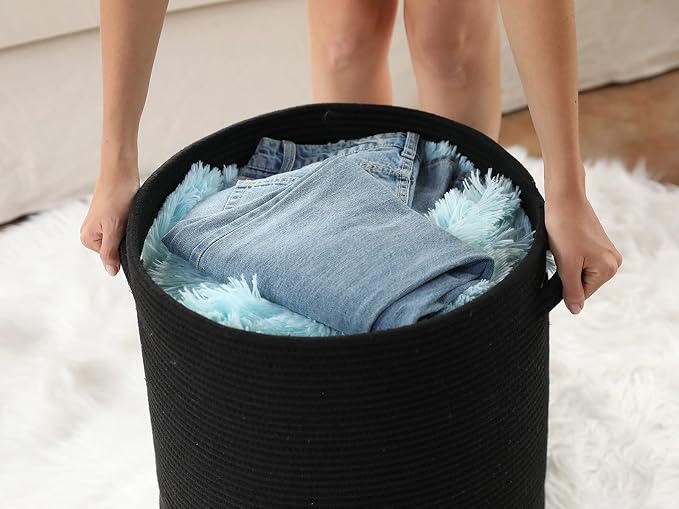 16x18 Inch Extra Large Round Cotton Rope Storage Basket with Lid, Decorative Woven Bin with Cover for Living Room Bedroom Closet, Black - Image 8