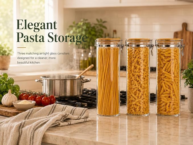 KKC 3-Pack 68oz Glass Spaghetti Containers with Airtight Bamboo Clamp Lids - 2000ml Tall Pasta Storage Jars & Long Noodle Holders Keep Fresh Canister Set for Kitchen Pantry Organization - Image 2