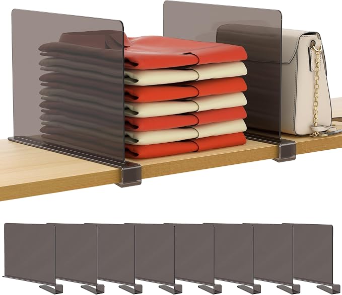 HBlife 8 Pack Grey Shelf Dividers, Vertical Purse Organizer for Closet Perfect for Sweater, Shirts, Handbags in Bedroom and Kitchen, Adjustable Acrylic Bookshelf for Organization by HBlife