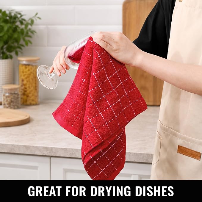 Kitinjoy 100% Cotton Terry Kitchen Towels, 13”x 28”, 8-Pack, Red | Checkered Designed, Ultra Soft Absorbent Quick Drying Dish Towels - Image 6