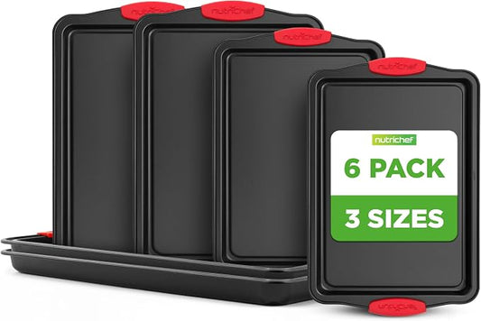 NutriChef Nonstick Baking Pans Set – Premium Cookie Sheets for Baking, Carbon Steel Stackable Baking Trays with Red Silicone Handles, Oven Safe Pans for Cookies, and Cakes, Dishwasher Safe (6 Pack) by NutriChef%E2%84%A2Kitchen