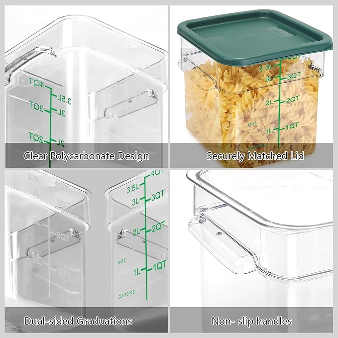 4 Pack Food Storage Containers with Green Lids, 2.0 Qt - Square, Clear, Polycarbonate, for Restaurant Commercial Kitchen and Home party - Image 3