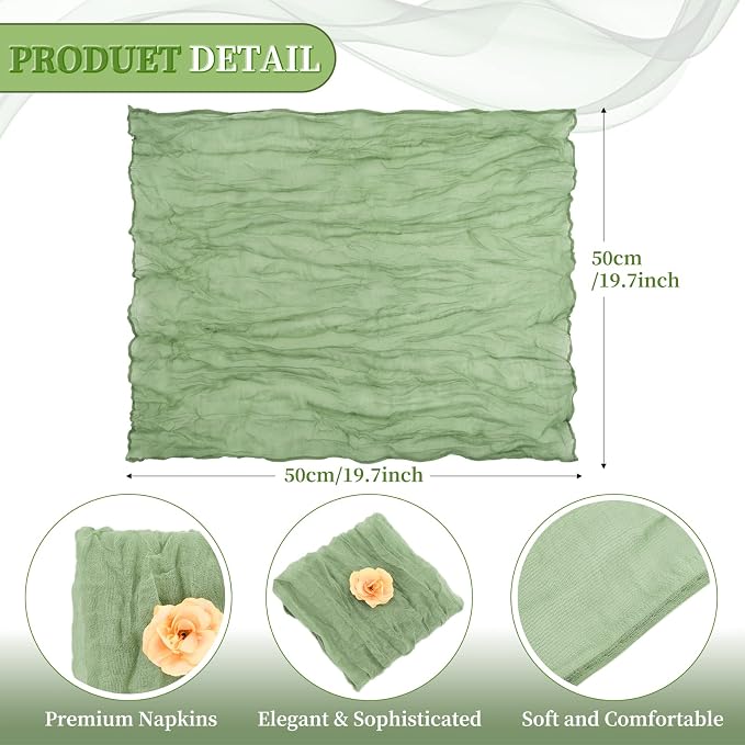 fani 60 Pack Gauze Cheesecloth Napkins, 20 x 20 in, Sage Green | Wrinkled Table Napkins, Soft Cotton, Rustic Decorative, Weddings, Party, Dinner Table, Everyday Use - Image 2