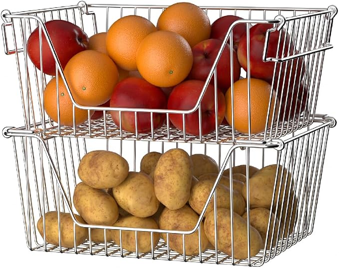 Slideep Large Stackable Storage Baskets Cabinet Organizer Sturdy Metal Wire Pantry Freezer Bin for Pantry Home Bathroom Kitchen Organization 4 Packs - Image 3