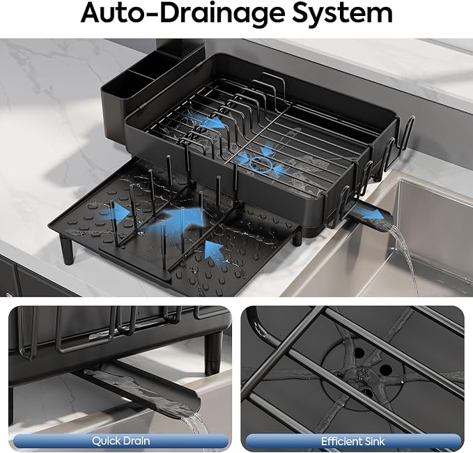 Urackify Expandable Dish Drying Rack, Stainless Steel, Large Capacity | Multifunctional Drainboard for Kitchen Countertop, Removable Cutlery Tray, Foldable Cup Holder, 20.4"L x 20"W, Black - Image 3