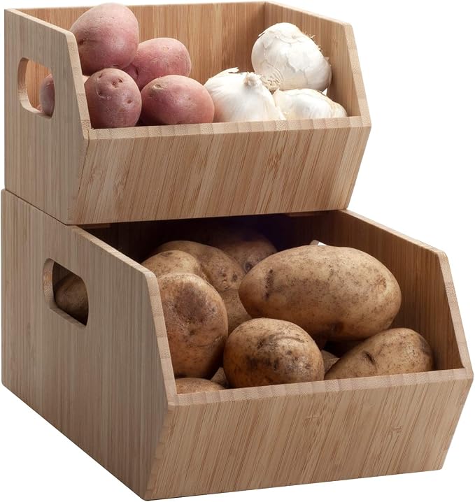 MobileVision Bamboo Storage Bins for Pantry & Kitchen Cabinet Organizer Multi-Purpose 2 PC Stackable Set for Canned Goods, Vegetables, Pouches, Boxed Meals & more - Image 4