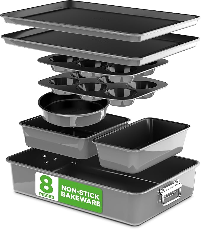 NutriChef 8-Piece Nonstick Stackable Bakeware Set - PFOA, PFOS, PTFE Free Baking Pans Set w/Non-Stick Coating, 450°F Oven Safe, Round Cake, Loaf, Muffin, Wide/Square Pans, Cookie Sheet (Gray) by NutriChef%E2%84%A2Kitchen