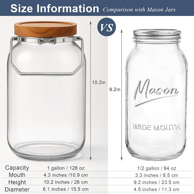 2 Pack Glass Flour Sugar Storage Containers with Handle, 1 Gallon Glass Jars with Airtight Lid, Wide Mouth Large Mason Jars 128oz for Rice, Pasta, Oats, Coffee Storage - Image 6