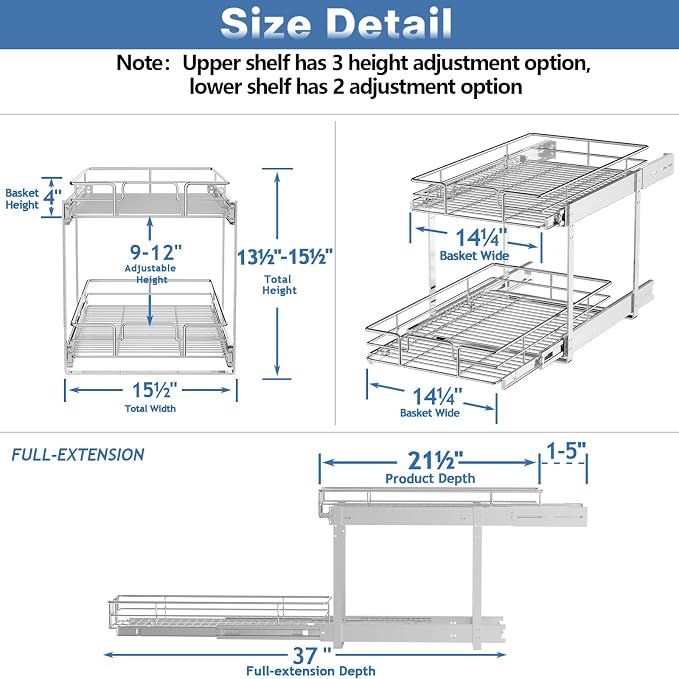 ROOMTEC Individual Pull Out Cabinet Organizer (15½" W x 21½" D), 2 Tier Spice Rack Organizer for Cabinet, Slide Out Drawer Pantry Shelf Organization and Storage for Kitchen Bathroom - Image 3