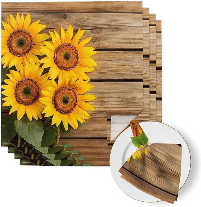 Pastoral Cloth Napkins Set of 4 Sunflowers Wood Grain Texture Rustic Vintage Soft Washable Square Dinner Napkins for Party Wedding Restaurant Hotel Cocktail 20x20 Inch by Unknown