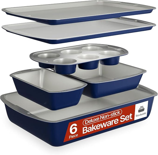 BAKKEN 6-Piece Kitchen Baking Pan Set - Royal Blue Color with Gray Ceramic Nonstick Coating, Commercial Grade Carbon Steel Bakeware, Baking Essentials, PFOA, PFOS, PTFE Free, Oven Safe (Up To 450° F) by Unknown