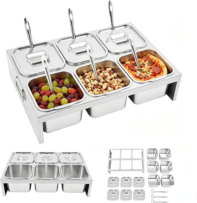 Pizza Topping Station Condiment Container Food Prep Ingredients Holder | Stainless Steel Container Set Spice Rack with 6 Pans& Lids&6* Spoons, Kitchen Restaurants Buffet Pizza Oven Accessories by kunghei