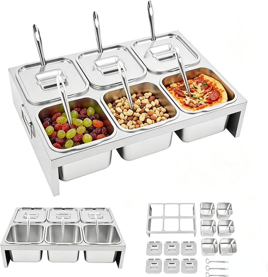 Pizza Topping Station Condiment Container Food Prep Ingredients Holder | Stainless Steel Container Set Spice Rack with 6 Pans& Lids&6* Spoons, Kitchen Restaurants Buffet Pizza Oven Accessories by kunghei
