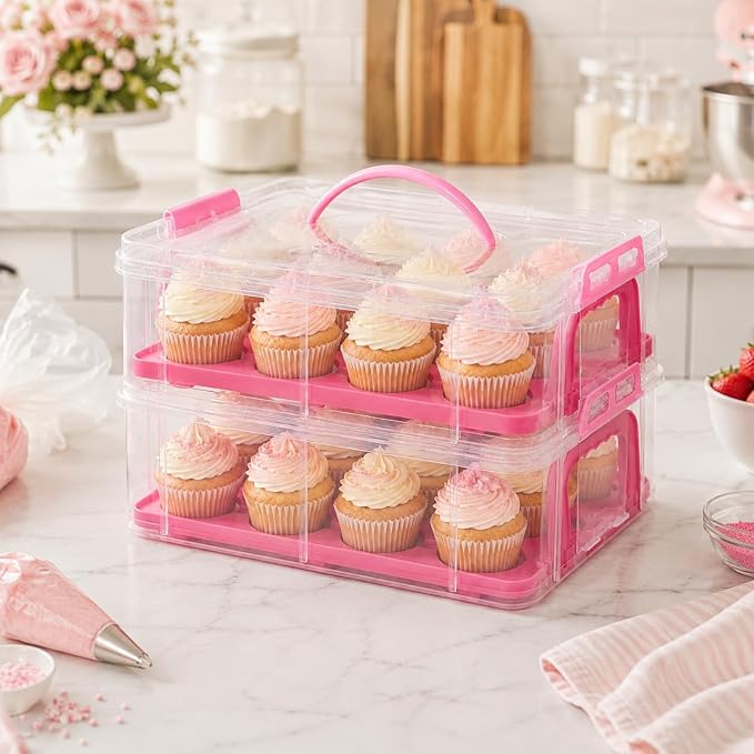 Cupcake Carrier Stackable Storage Container Collapsible Cake Carrier with Lid and Handle, with 50 PCS Cupcake liners,Reusable Plastic Dessert Travel Container,Transport Box (24 Cupcakes Pink) - Image 4