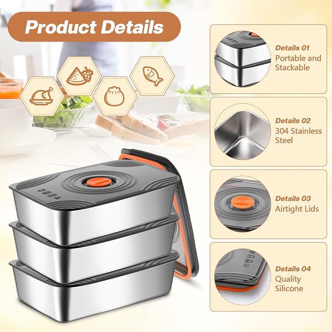 Layhit 16 Sets 60oz Stainless Steel Food Storage Containers with Lids Large Reusable Stackable Metal Container Outdoor Rectangle Fruit Lunch Box for Picnic Travel Dishwasher and Freezer Safe - Image 3