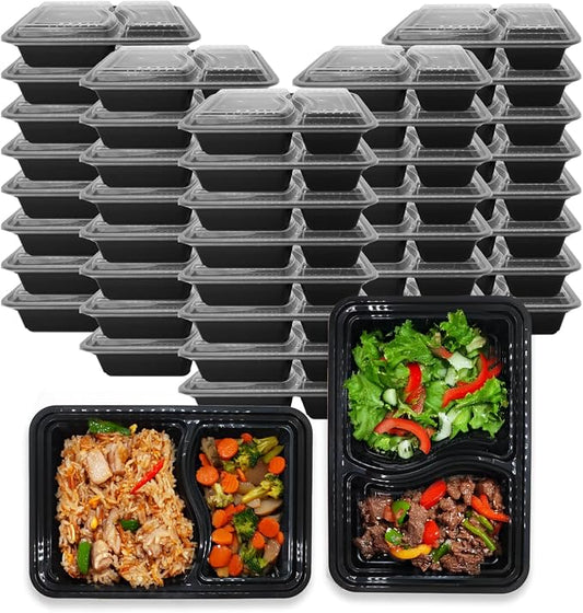 Klex 32 Oz, 150 Sets 2 Compartment Meal Prep Containers with Airtight Lids, BPA Free, Reusable Plastic Food Container, 32 oz, Rectangular, Black/Clear, 150 Sets by KLEX