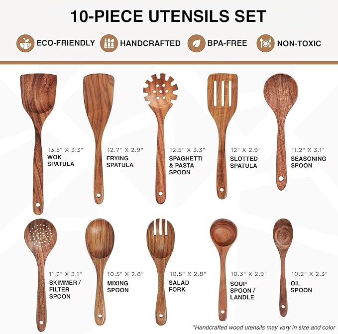 Wooden Spoons for Cooking -10 Pcs Cooking Utensils Set with Smooth Finish, Durable Teak Wood Kitchen Utensils Set, Nonstick Cooking Utensils, Lightweight, Heat-Resistant, Comfort Grip Kitchen Utensils - Image 5