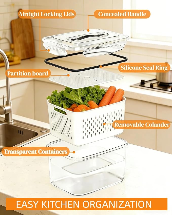 SnowSky 4PCS 2-in-1 Fruit & Veggie Fresh Box with Detachable Colander & Divider – Airtight Leak-Proof Fridge Storage Container with Lid for Berry, Meal Prep, Kitchen - Image 3