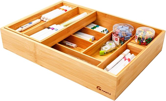 COIWAI Double Layer Bamboo Drawer Organizer Cutlery Utensil Silverware Drawer Organizer, cutlery Silverware Tray for Drawer, Utensil Holder Drawer Dividers for Flatware (L: 16.85 × 12.2 in) - Image 6