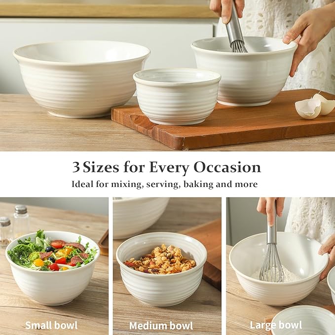 Hasense Ceramic Mixing Bowls, 2.1/1.5/1.0/0.5 Qt, Nesting Bowls for Cooking, Baking, Serving Dishes for Salad, Fruits, Popcorn, Dishwasher & Microwave Safe, Set of 4, Clay-Infused White - Image 7