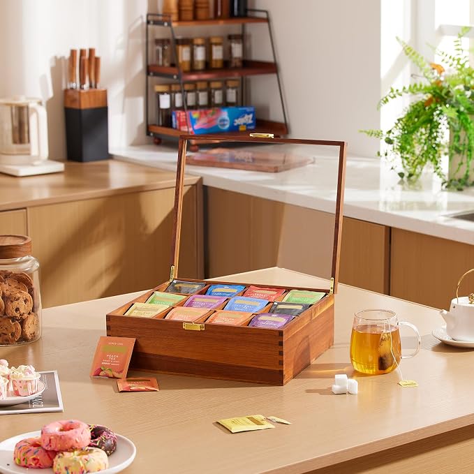 HouseJoy Wood Tea Bag Organizer: 12 Compartments with Clear Glass Lid | Acacia Wood-Large Capacity-Tea Bag Storage Holder for Countertop Kitchen Pantry-Gift For Tea Lover-Keep Tea Bag Fresh - Image 6
