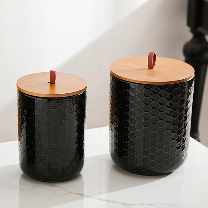 JOJUNO Black Ceramic Canister Set with Wooden Lids – 3-Piece Airtight Food Storage Jars for Kitchen, Embossed Design, Small/Medium/Large Sizes (30/48/82 oz) – Flour, Sugar, Coffee, Tea Containers - Image 8
