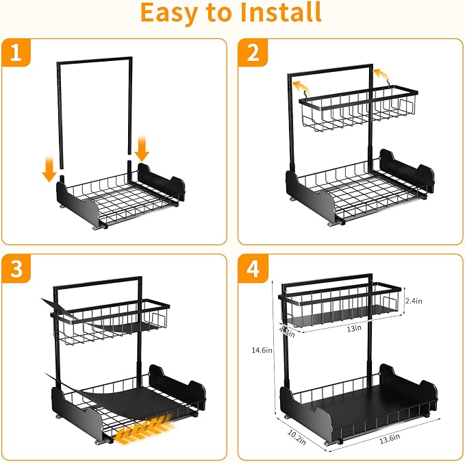 Under Sink Organizer, 2-Tier L-Shaped Pull Out Cabinet Shelf with 2 Installation Methods, Adjustable Sliding Storage Drawer for Kitchen, Bathroom, Laundry, Metal, Black - Image 4
