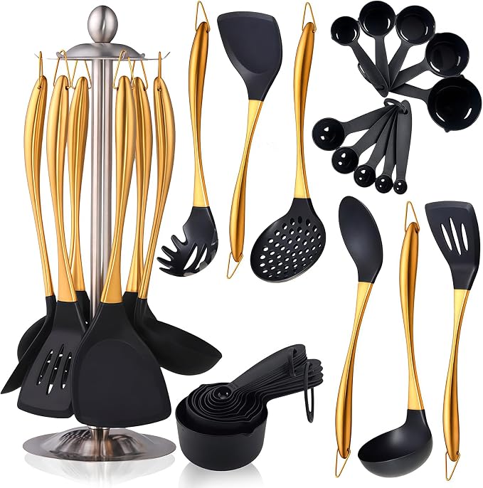 Silicone Cooking Utensils Set, 17pcs Kitchen Utensil Set with Rotatable Holder, Heat-Resistant Silicone Utensils for Cooking, Non-Stick Spatula Set with Stainless Steel Handle,Turner,Ladle (Gold) by Blithely