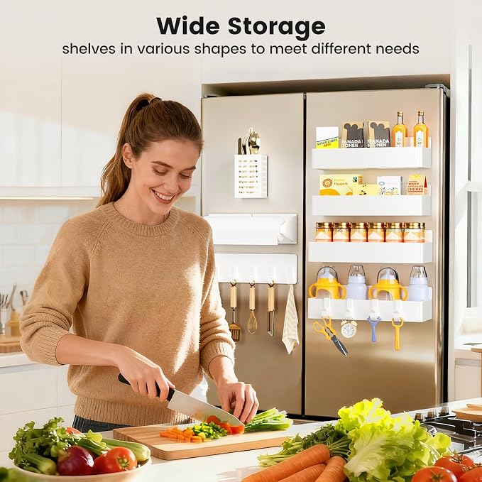 Mystozer Magnetic Spice Rack for Refrigerator,7 Pack Magnetic Shelf,Fridge Magnet Organizer with Paper Towel Holder,Utensils Racks,Hook Rack,Fridge Organizers and Storage White(7 Pack) - Image 8