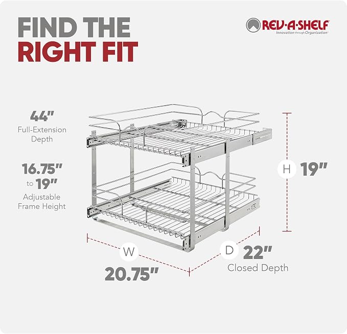 Rev-A-Shelf 2-Tier Pullout Shelf and Drawer Organizer for Kitchen Cabinets, Slide Out Storage Basket, Min Opening Width of 20.5", 21" x 22", 5WB2-2122CR-1 - Image 9