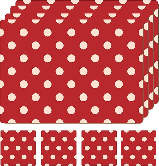 Set of 4 Heat Resistant Cork Placemats for Dining Table with Free Set of 4 Matching Drink Coasters Cream & Red Polkadot Design 16 x 12 Inches Cork Backed Hard Placemats (Red Polkadot) by Moderry
