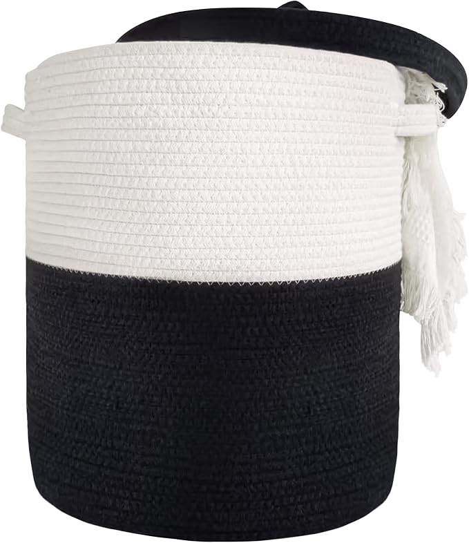 Large Storage Basket with Lid 60L, 16"Wx18"H Woven Laundry Hamper Basket with Handle, Room Decor Cotton Rope Wicker Basket Toy Organizer Bins for Clothes Blankets Pillows, Black/White Mix includes Lid by JIABOLANG