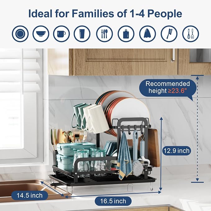 Dish Drying Rack with Drainboard - 2 Tier Dish Racks for Kitchen Counter with Cup Holder, Utility Hooks, Rust-Resistant Dish Drainer with Utensil Holder and Cutting Board Holder, Black - Image 2