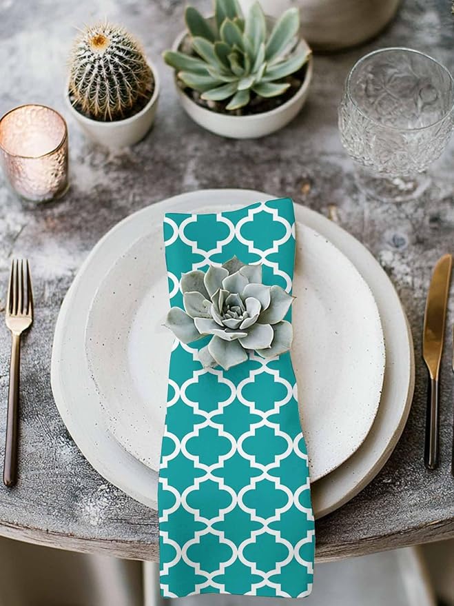 Cloth Napkins Set of 6-20x20 Inches, Teal Morocco Washable Reusable Table Napkins, Ethnic Boho Minimalist Abstract Geometric Soft & Absortbent Dining Napkin for Party Wedding Hotel Restaurant - Image 3