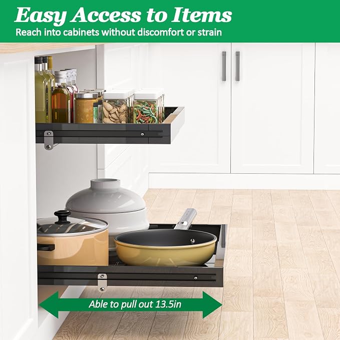 2 Tier Pull Out Cabinet Organizer, 21 inch Depth Slide Out Shelves | Expandable 14"-22.5" Wide, Heavy-Duty Cabinet Drawers for Kitchen Pots, Pans & Pantry Storage, Black - Image 3