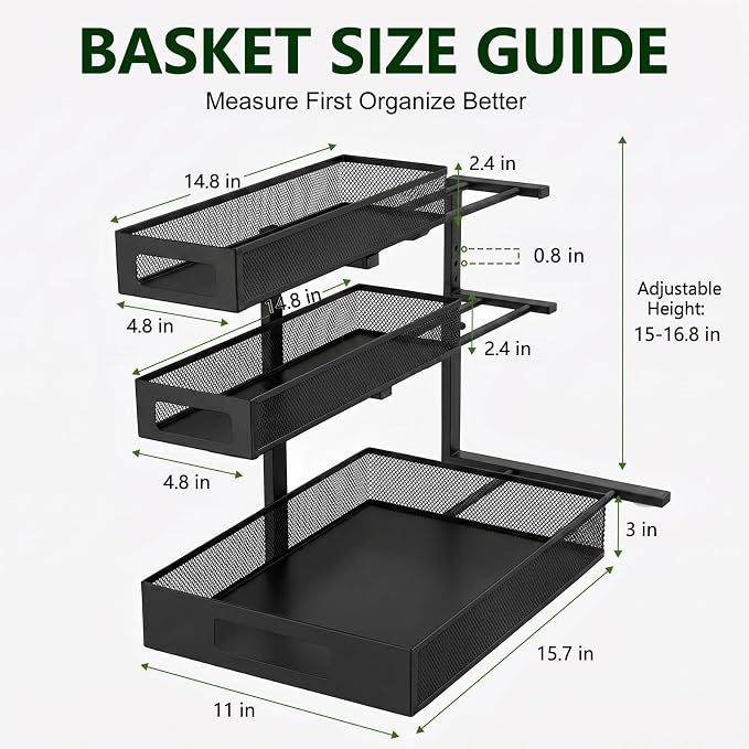3 Tier Under Sink Organizer,1 Pack Pull Out Cabinet Shelves with Adjustable Height,Heavy Duty Carbon Steel L-Shaped Storage for Kitchen Bathroom Sink,Pantry & Laundry,Black - Image 2